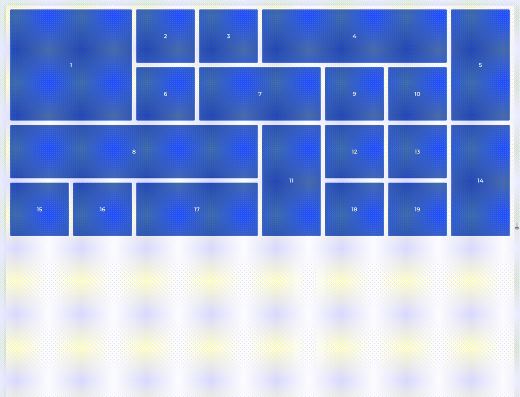 A series of boxes of different sizes tiled using CSS Grid, with the window getting resized and the boxes being automatically resized and repositioned.
